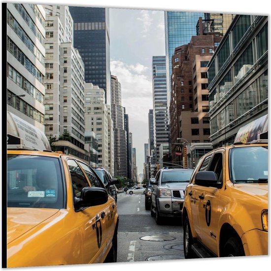 Dibond –Gele Taxi's in de Stad– 100x100 Foto op Aluminium (Met ophang)