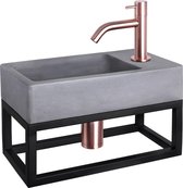 Differnz Force Fonteinset - Wasbak Beton - Donkergrijs - Gebogen Kraan - Rood Koper - Standaard Greep - 40 x 22 x 8 cm - Met Handdoekrek - Zwart