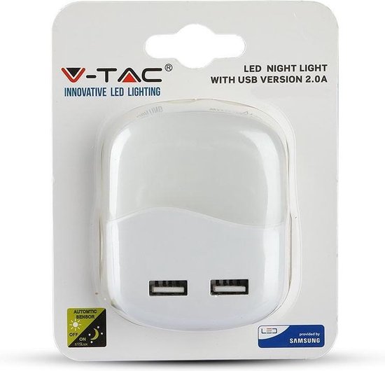 V-tac VT-84 nachtlampje vierkant - plug in - 2x USB - met dag/nacht sensor - warm wit - V-tac