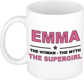 Naam cadeau Emma - The woman, The myth the supergirl koffie mok / beker 300 ml - naam/namen mokken - Cadeau voor o.a verjaardag/ moederdag/ pensioen/ geslaagd/ bedankt