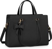 Handtas voor dames, shopper met strik, grote zwarte tas, laptoptas, 15,6 inch, PU-leer, schoudertas, werktas voor business, werk, school
