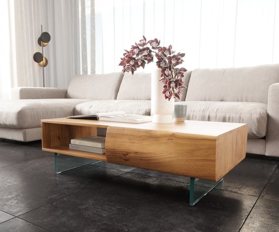 Table d'appoint New Live Edge acacia naturel 115x60 cm 2 tiroirs 1 compartiment pied en verre