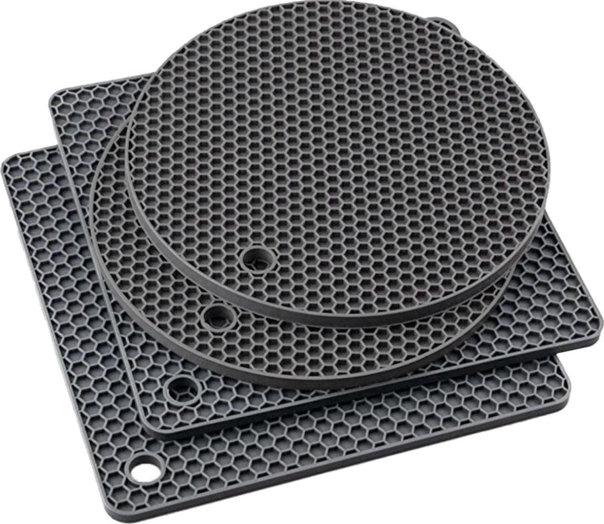 Fako® - Pannenonderzetter Hittebestendig - Onderzetter Voor Pannen - Siliconen Mat - Potopener - Rond & Vierkant - Donkergrijs - 4 Stuks