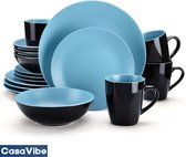 CasaVibe Luxe Serviesset – 16 delig – 4 persoons – Porselein - Bordenset – Dinner platen – Dessertborden - Kommen - Mokken - Set - Blauw - Zwart
