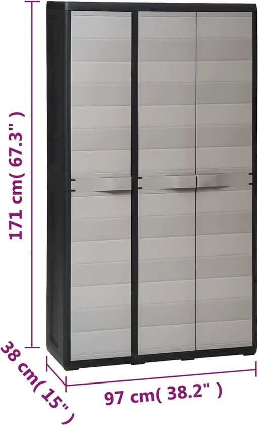 Tuinkast met 3 schappen 68x40x168 cm grijs en zwart