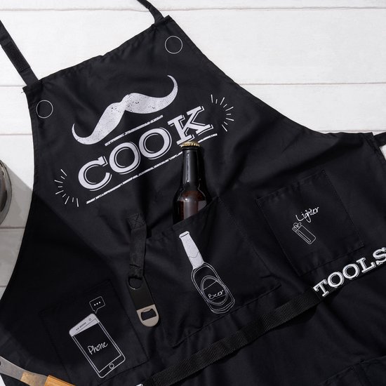 BRAMBLE - Tablier amusant pour hommes, tablier de barbecue avec capuche, 7 poches et décapsuleur attachés - Cadeau Uniek pour Noël, anniversaires et Vaderdag