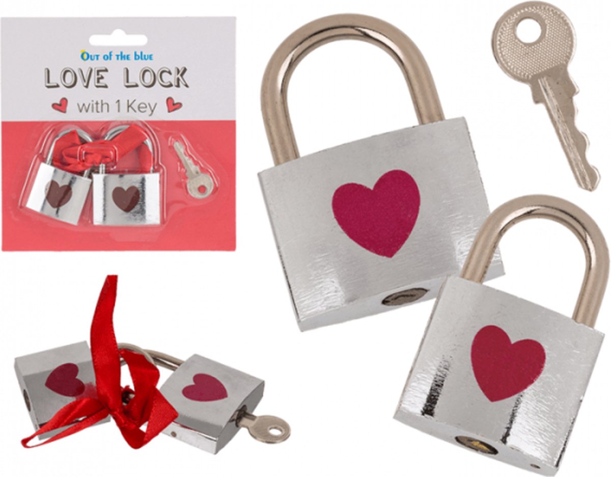 2 Slotjes - Liefdesslotjes met rood hartje - Zilverkleurig