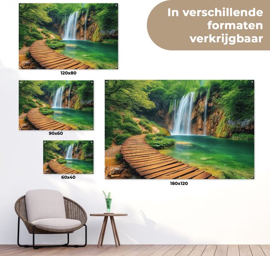 Affiche de jardin - Toile de jardin - Posters de jardin extérieur - Cascade - Jungle - Chemin - Vert - Nature - Water - 120x80 cm - Jardin