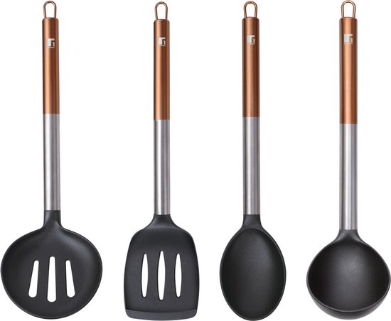 Pleafind 4-delige keukengereiset, roestvrijstalen keukenhulpset, kooklepel, spatelset met houten greep inclusief wokpannenwender en spatel, soeplepel, pollepel, schuimspaan Pleafind 4-delige keukengereiset, roestvrijstalen keukenhulpset, kooklepel, spatelset met houten greep inclusief wokpannenwender en spatel, soeplepel, pollepel, schuimspaan