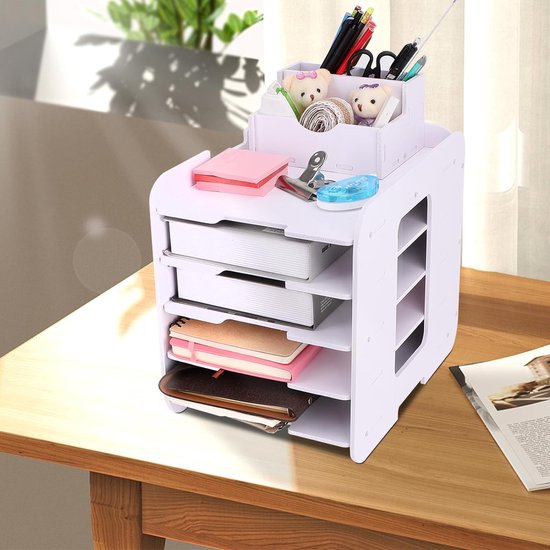 Umllpet Brievenbakje A4, bureau-organizer voor kantoor, bureau-plank voor het netjes opbergen van A4-papier, pennen, boeken, brieven, documenten, documentenhouder (wit-4 vakken