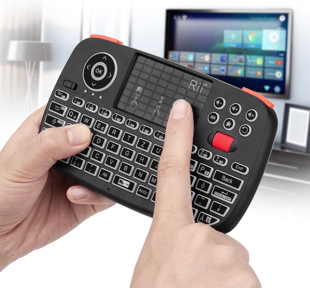 Beroli - Rii Bluetooth-Toetsenbord met Touchpad (Bluetooth 4.0 + 2.4G Draadloos) - Mini-Toetsenbord met Scrollwiel en LED-Achtergrondverlichting (Duitse Lay-out, Zwart)