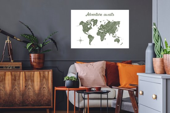 Sticker Muursticker Cartes du monde du monde vert foncé avec rayures et citation L'aventure vous attend - 90x60 cm - film adhésif autocollant - sticker mural repositionnable