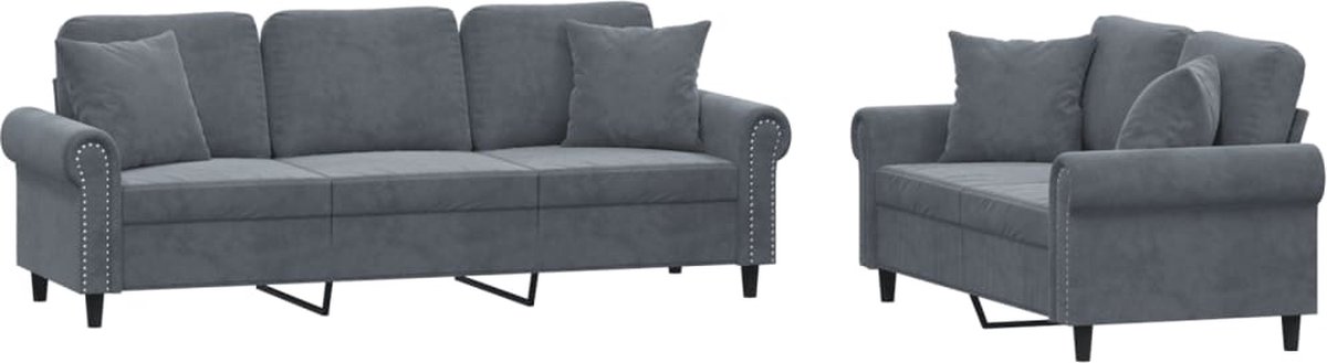vidaXL - 2-delige - Loungeset - met - kussens - fluweel - donkergrijs