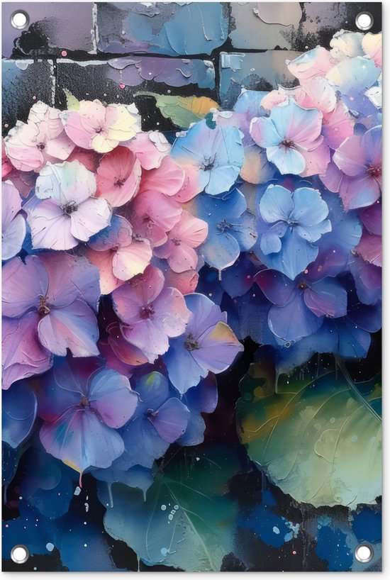 Tuinposter 40x60 cm - Tuindecoratie - Hortensia - Graffiti - Bloemen - Paarse hortensia's - Poster voor in de tuin - Buiten decoratie - Schutting tuinschilderij - Muurdecoratie - Tuindoek - Buitenposter..