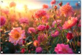 Tuinposter bloemen - Tuindecoratie roze rozen - 90x60 cm - Poster voor in de tuin - Buiten decoratie - Schutting tuinschilderij - Tuindoek muurdecoratie - Wanddecoratie balkondoek