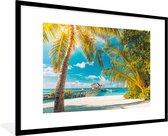 Photo en cadre - Les Palmiers de l'ombre à une plage tropicale Cadre photo noir avec passe-partout blanc xxl 120x80 cm - Affiche sous cadre (Décoration murale salon / chambre) / Mer et plage