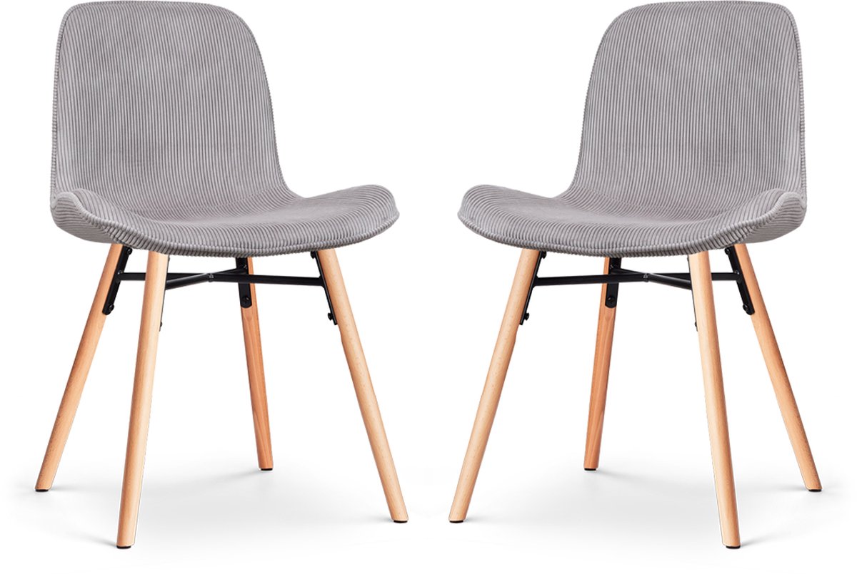 Nolon Nena-Fé Eetkamerstoelen Set van 2 Ribstof Warm Grijs - Stof - Houten Poten - Naturel - Scandinavisch Rib - Warmgrijs - Naturel onderstel