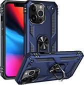 Apple iPhone 14 Pro Blauw Achterkant Anti-Shock Hybrid Armor me Ring Kickstand Back Cover Telefoonhoesje Luxe High Quality Case - beschermend hoesje