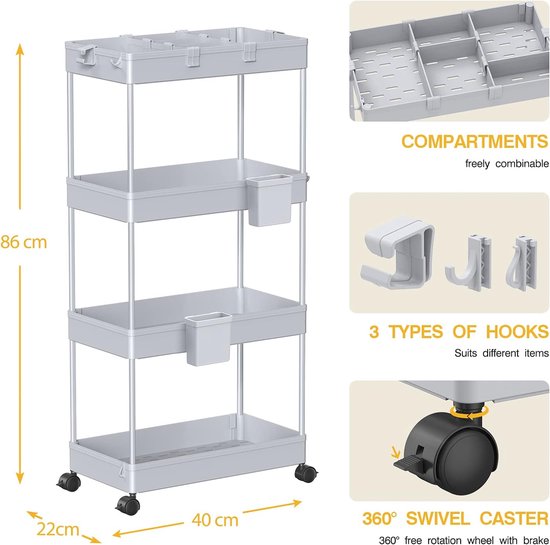 4-laags Opbergwagen Met Uitschuifbare Rolwagen Mobiele Plank Trolley Organizer Wielwagen Voor Keuken Badkamer Wasruimte Kantoor Zwart