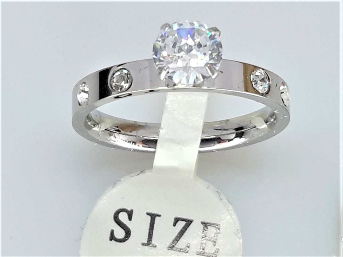 Ring - zilverkleurig - meisjes – Tiener – met meerdere zirkoniastenen - sieraden - RVS - Maat 14