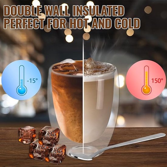 Verre à double paroi avec couches de café et de lait, parfait pour le chaud et le froid. -15° à 150°.