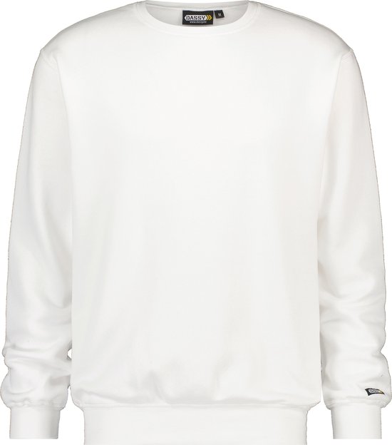Witte DASSY sweater met ronde hals en label op de mouw.