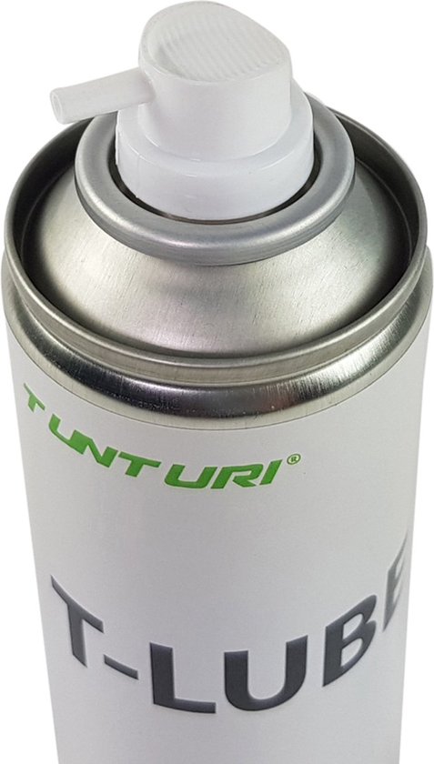 Close-up van de dop van een T-LUBE TREADMILL LUBRICANT spuitbus.