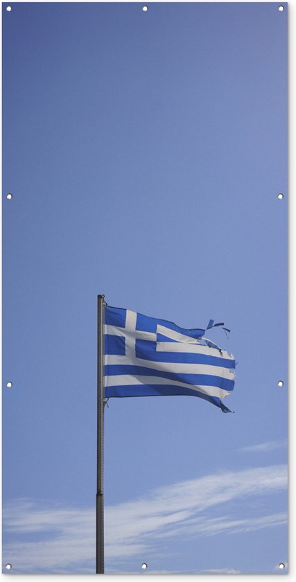 Schuttingposter Gescheurde Griekse vlag die wappert - 100x200 cm - Tuindoek