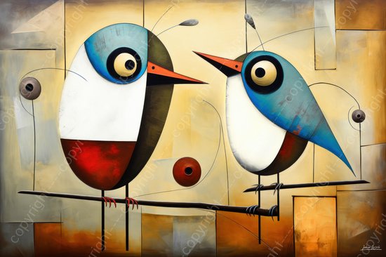 JJ-Art (Canvas) 60x40 | Vogels, abstract, kubisme, surrealisme, Joan Miro stijl, kunst | dier, vogel, blauw, bruin, rood, wit, modern | Foto-Schilderij canvas print (wanddecoratie)