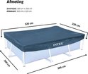 Afmetingen van een Intex rechthoekig zwembad met afdekzeil: zwembad 300x200 cm, afdekzeil 320x220 cm.