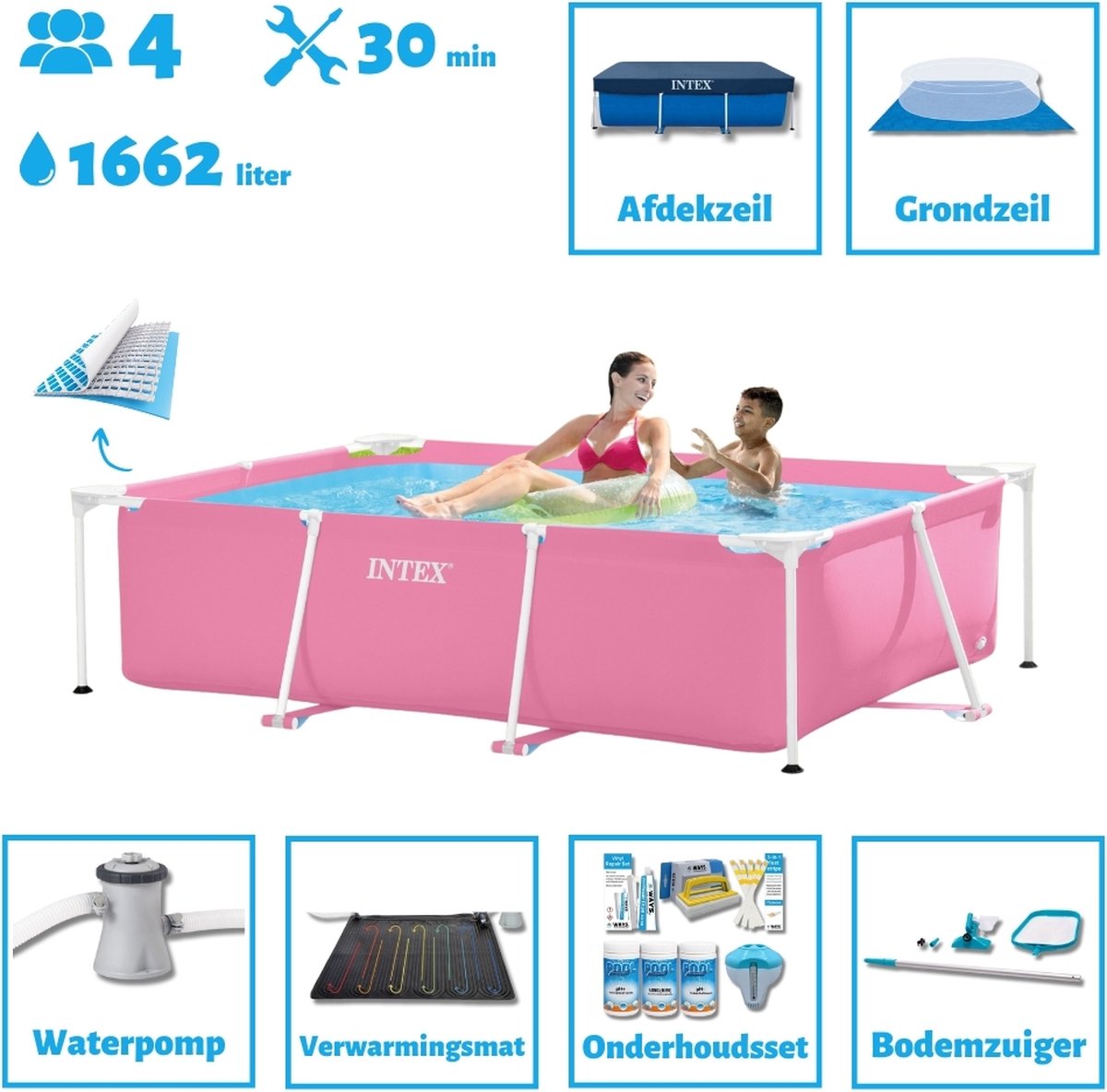 Intex Opzetzwembad – Rechthoekig – 220 x 150 x 60 cm – Roze – Sterk materiaal – Inclusief Accessoires