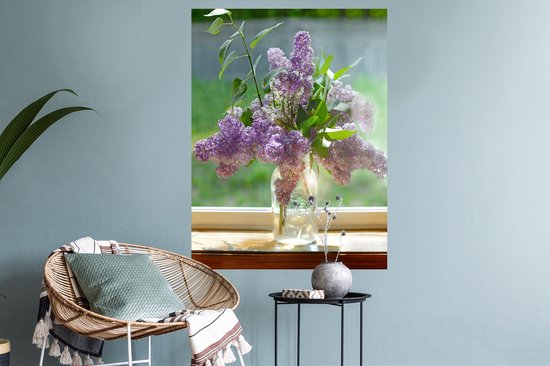 Sticker Muursticker Lilas - Vase en Verres avec lilas - 60x80 cm - film adhésif autocollant - sticker mural repositionnable