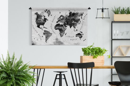 Tapisserie - Tapisserie - Wereldkaart - Aquarelle - Zwart - Wit - 150x100 cm - Tapisserie