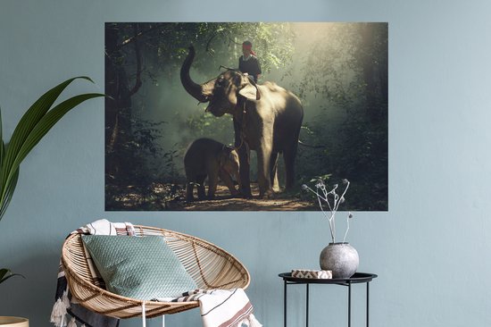 Stickers muraux - Film autocollant - Éléphant - Forêt - Arbres - Animaux - Dresseur - 90x60 cm - Film adhésif - Stickers muraux Chambre d'enfant - Papier peint autocollant
