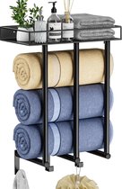 Porte-serviettes de salle de bain – Porte-serviettes mural avec étagère en métal et 3 crochets, porte-serviettes mural à 3 barres pour petite salle de bain, rangement pour serviettes roulées
