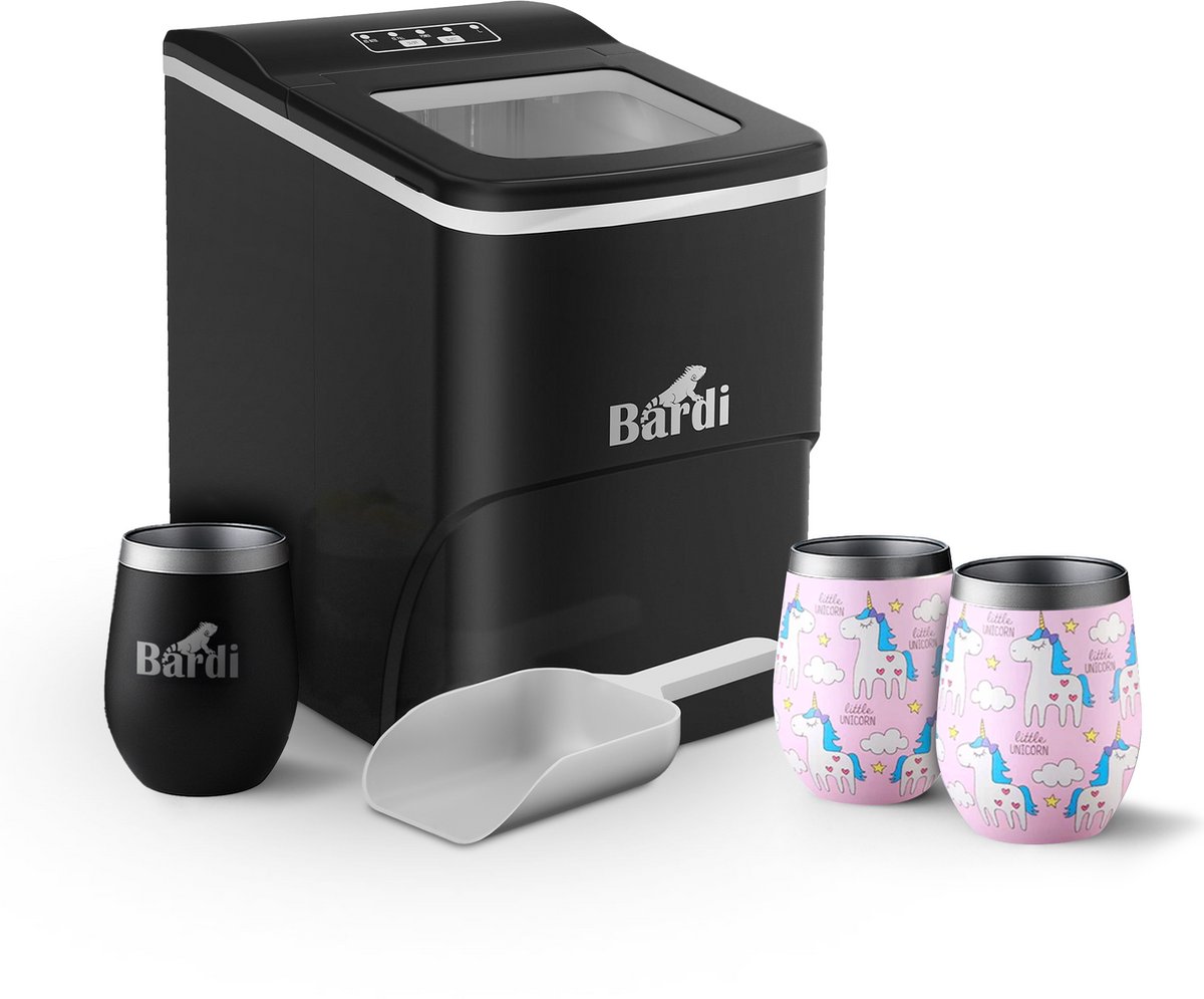 Bardi IJsblokjesmachine Set - 2 Liter Zwart - 12KG IJsblokjes in 24 uur - met IJsschep - Inclusief 3 Luxe Thermosbekers en Ijsschep - Eenhoorn