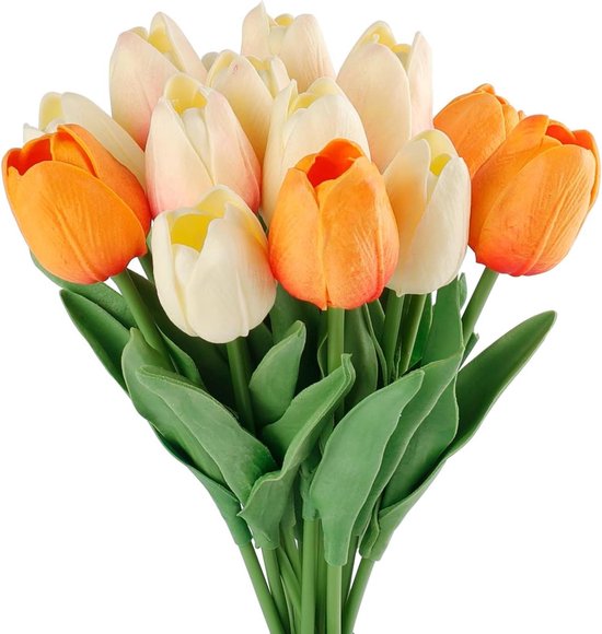 Whaline 20 Stks Kunstbloemen Valse Tulp Boeket Latex Materiaal voor Thuis Tuin Bruiloft Partij Bloemendecoratie (Wit en Lichtroze