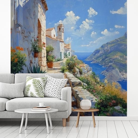 Behang - Fotobehang Trap - Huizen - Berglandschap - Zee - Breedte 240 cm x hoogte 240 cm