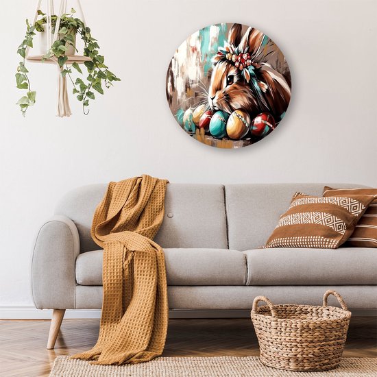Konijn met eieren en bloemen - Konijn wandcirkel - Ronde wanddecoratie eieren - Expressionisme - Forex muurcirkel op maat - Kunst aan de muur - muurcirkel forex 40x40 cm