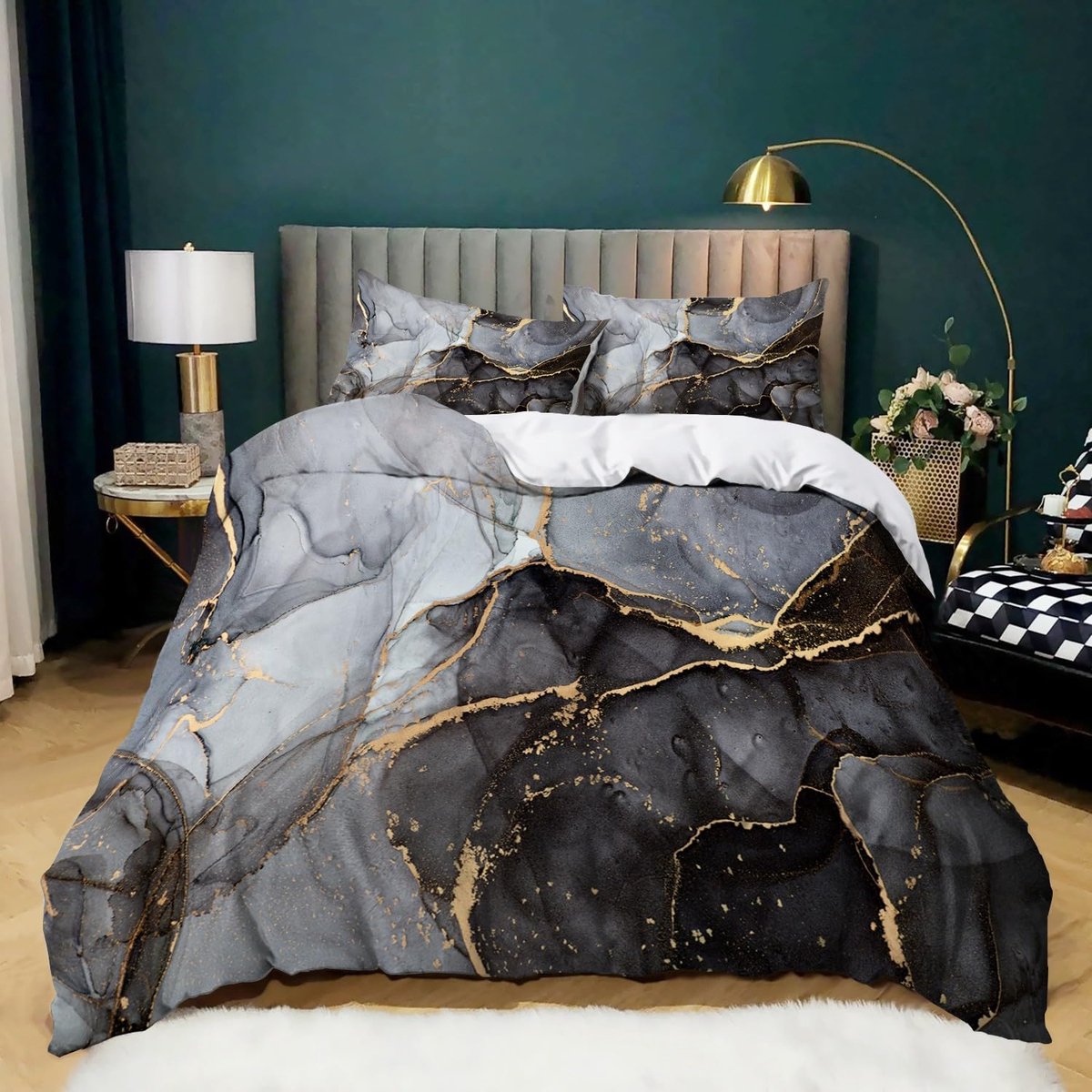 Unyqoos Moderne 3-delige Beddengoedset met Marmerlook en Microvezel, 180 x 200 cm grijs marmer