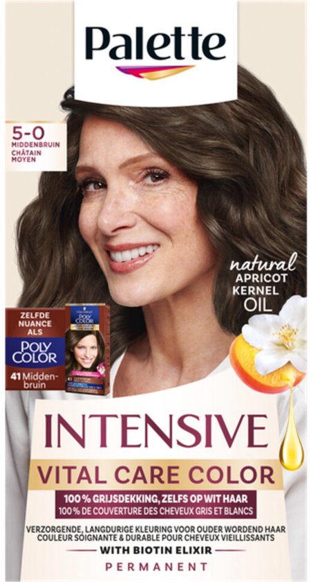 Palette Intensive Vital Care Color 5-0 Middenbruin haarverf met model, natuurlijk abrikozenpitolie & biotine elixir. 100% grijsdekking.