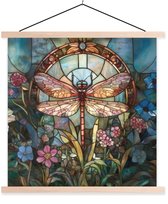 Posterhanger incl. Poster 60x60 cm - Schoolplaat - Libelle - Mozaïek - Bloemen - Kleurrijk - Textielposter - Blanke latten
