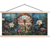 Posterhanger incl. Poster 60x30 cm - Schoolplaat - Libelle - Mozaïek - Bloemen - Kleurrijk - Textielposter - Blanke latten