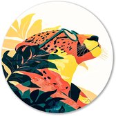 Kleurrijke luipaard met bladeren - Luipaard wanddecoratie rond - Wandpaneel dier - Pop Art - Muurcirkel Forex - Bohemian wandkunst - muurcirkel forex 40x40 cm