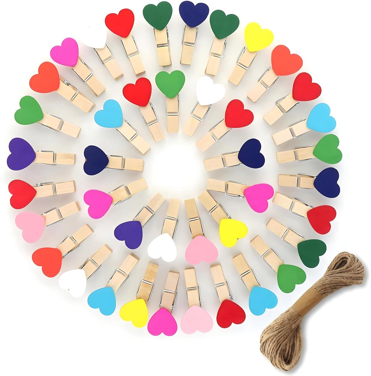 Kleurige houten fotoklemmen - set van 100 - met jute touw