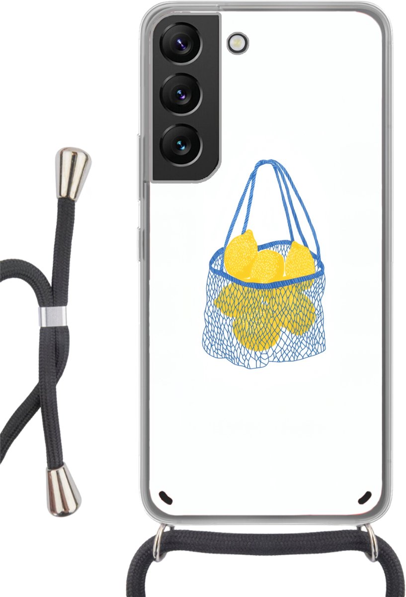 Telefoonhoesje Geschikt voor Samsung Galaxy S22 - Tas - Blauw - Citroenen - Illustratie - Siliconen - Crossbody - Backcover met Koord - Telefoonhoesje met koord - Hoesje met touw Telefoonhoesje