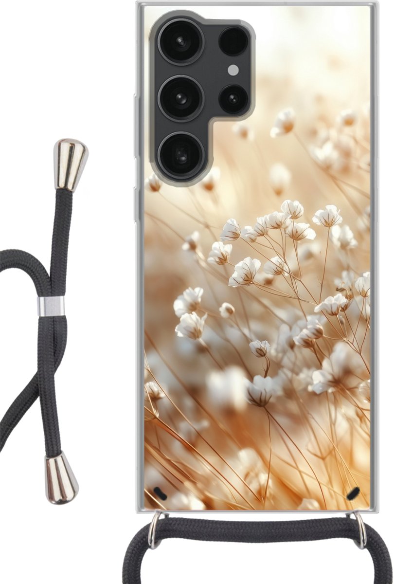 Telefoonhoesje Geschikt voor Samsung Galaxy S23 Ultra - Wilde - Bloemen - Wit - Siliconen - Crossbody - Backcover met Koord - Telefoonhoesje met koord - Hoesje met touw Telefoonhoesje
