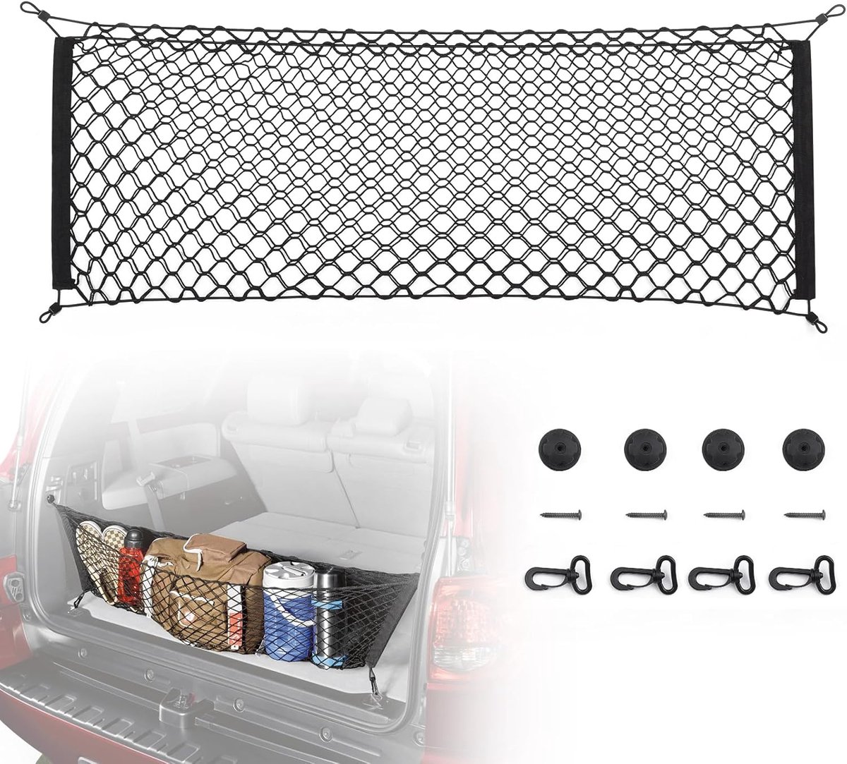 Zwart zwaar laadnet - Dubbellaags verstelbaar 111x38cm (44x15in) - Elastisch opbergnet met haken - Voor laadruimtes