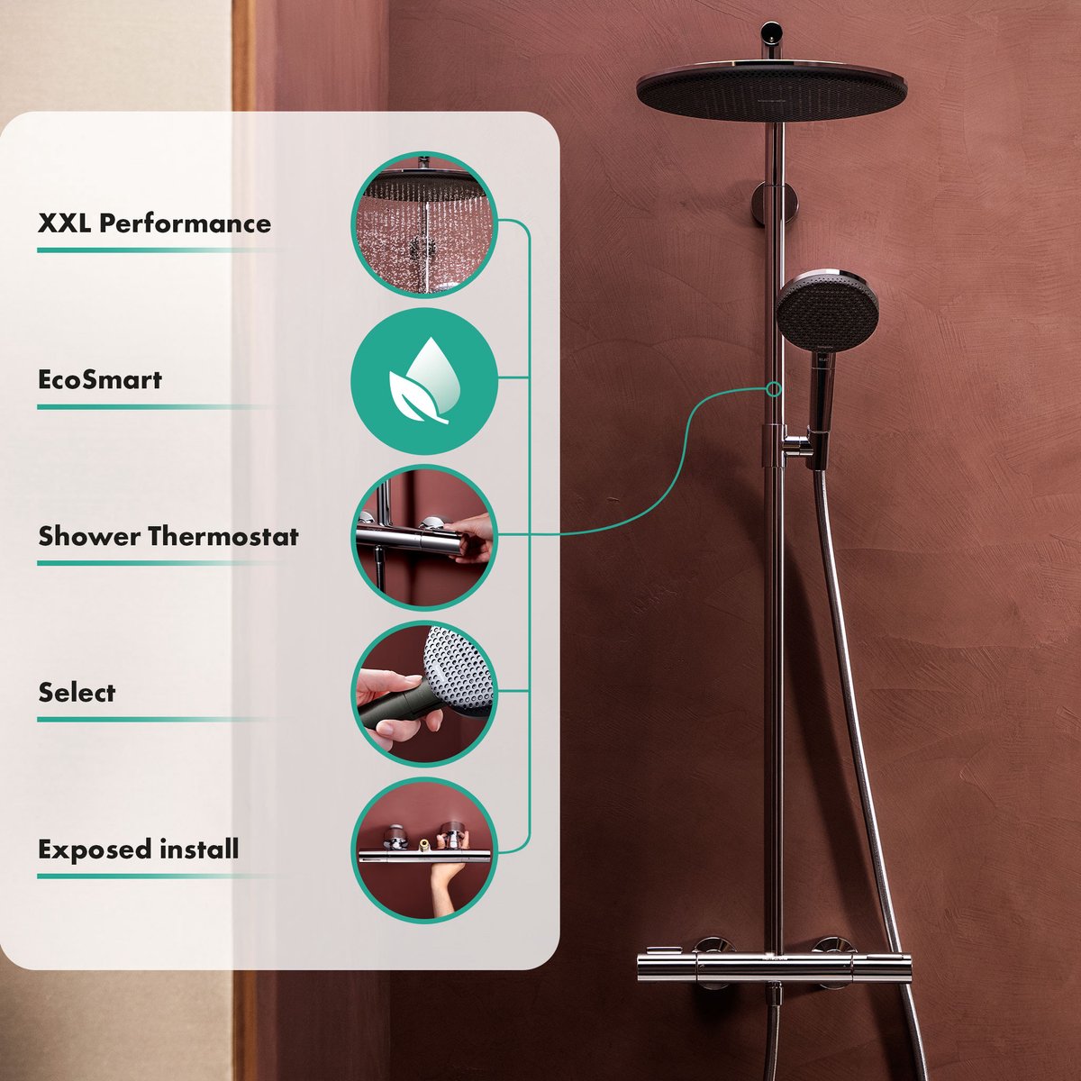 Hansgrohe Raindance Alive S Puro - Doucheset met thermostaat, 21x34 cm, 3 stralen, EcoSmart, geborsteld zwart chroom 24593340