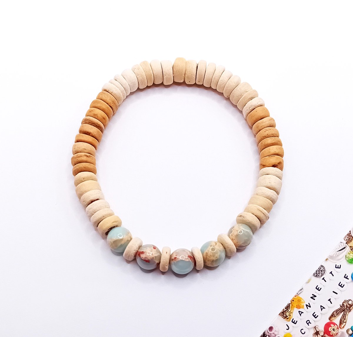 Jeannette-Creatief® - Surf & Sea - Kokos Light Cyan Jaspis - Kokos - Natuursteen - Jaspis - Bohemien - Herenarmband - Surfarmband - Herenarmband - Kokosarmband - Kokos armband - Vaderdag - Vaderdagcadeaus